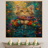 Christmas Kitten in Rainbow Sweater Adorable Holiday Cat Painting Festive Winter Scene Perfect for Cozy Home Office Seasonal Decoration or Christmas Gift on Ready to Hang 1.5" Thick Canvas Wrap, Floating Framed Canvas, Flat Rolled Canvas