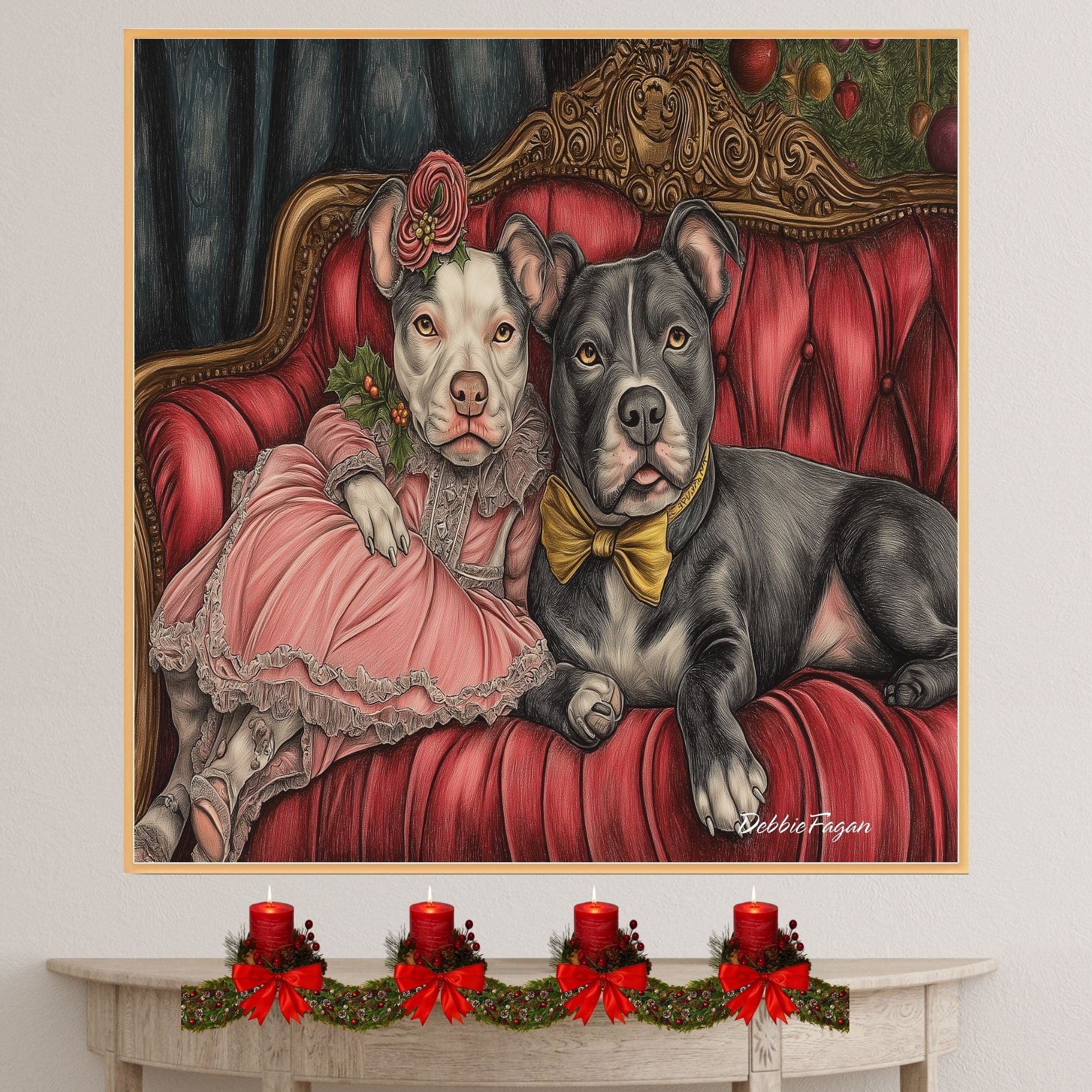 American Pit Bull Christmas Canvas - "Victorian Vibes: Posh Pit Bulls on a Couch" - Dressed in Vintage Attire on Ready to Hang 1.5" Thick Canvas Wrap, Floating Framed Canvas, Flat Rolled Canvas