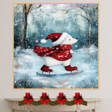Whimsical Christmas Dog Ice Skating in Red Scarf and Santa Hat Canvas or Winter Wall Art Print on Ready to Hang 1.5" Thick Canvas Wrap, Floating Framed Canvas, Flat Rolled Canvas
