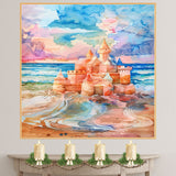 Watercolor Painting of a Multicolored Sandcastle by the Ocean Shore at Sunset with Whimsical Turrets and Waves on Ready to Hang 1.5" Thick Canvas Wrap, Floating Framed Canvas, Flat Rolled Canvas