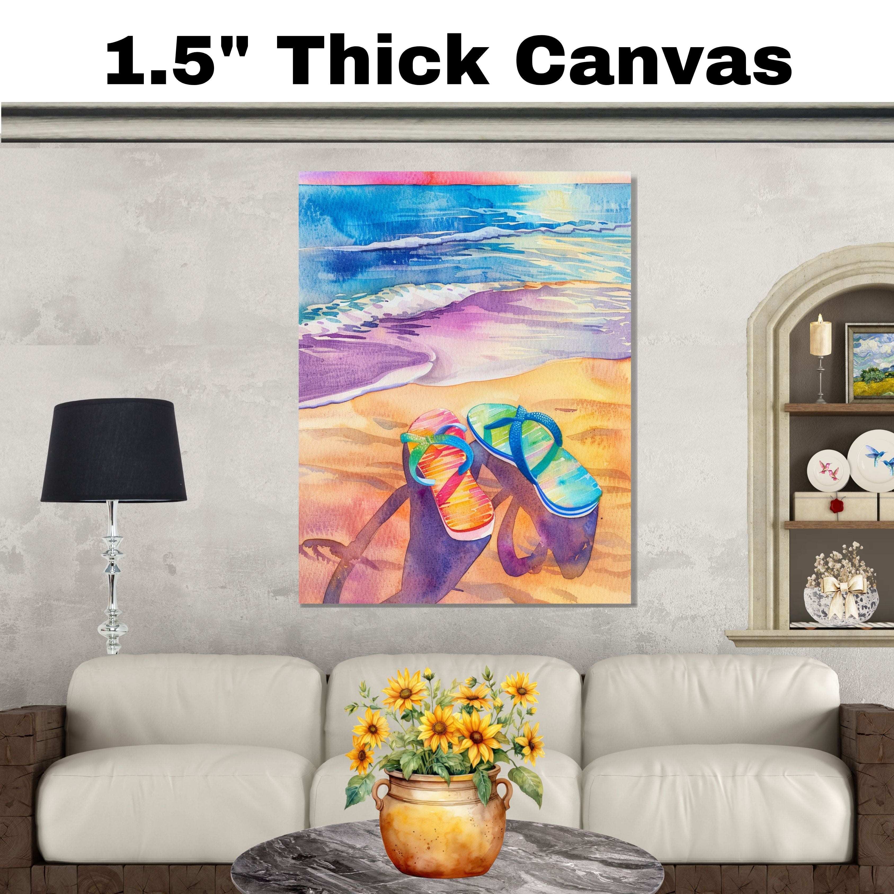Colorful Flip-Flops on Sandy Beach Watercolor Painting with Ocean Waves and Sunset Sky in Vibrant Summer Style on Ready to Hang 1.5" Thick Canvas Wrap, Floating Framed Canvas, Flat Rolled Canvas