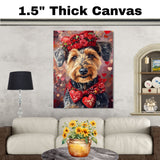 Love in Bloom: Airedale Dog Wearing a Red Hat with a Heartfelt Touch - Romantic Valentine's Painting on Ready to Hang 1.5" Thick Canvas Wrap, Floating Framed Canvas, Flat Rolled Canvas