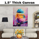 Whimsical Baby Bird Perched on Branch in Bright Blue Pink and Yellow Oil Style with Playful Expressive Brushwork for Nature and Color Enthusiasts on Ready to Hang 1.5" Thick Canvas Wrap, Floating Framed Canvas, Flat Rolled Canvas