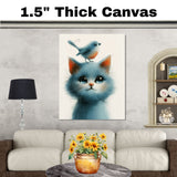 Big-Eyed Blue Kitten with Bird on Head Sweet and Whimsical Animal Illustration for Nursery or Kids Room Art Print Perfect for Cat and Bird Lovers on Ready to Hang 1.5" Thick Canvas Wrap, Floating Framed Canvas, Flat Rolled Canvas