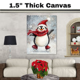 Whimsical Christmas Penguin Ice Skating with Red Scarf and Santa Hat – Cheerful Winter Animal Art for Holiday Nursery Decor, Gifts, or Seasonal Wall Display on Ready to Hang 1.5" Thick Canvas Wrap, Floating Framed Canvas, Flat Rolled Canvas