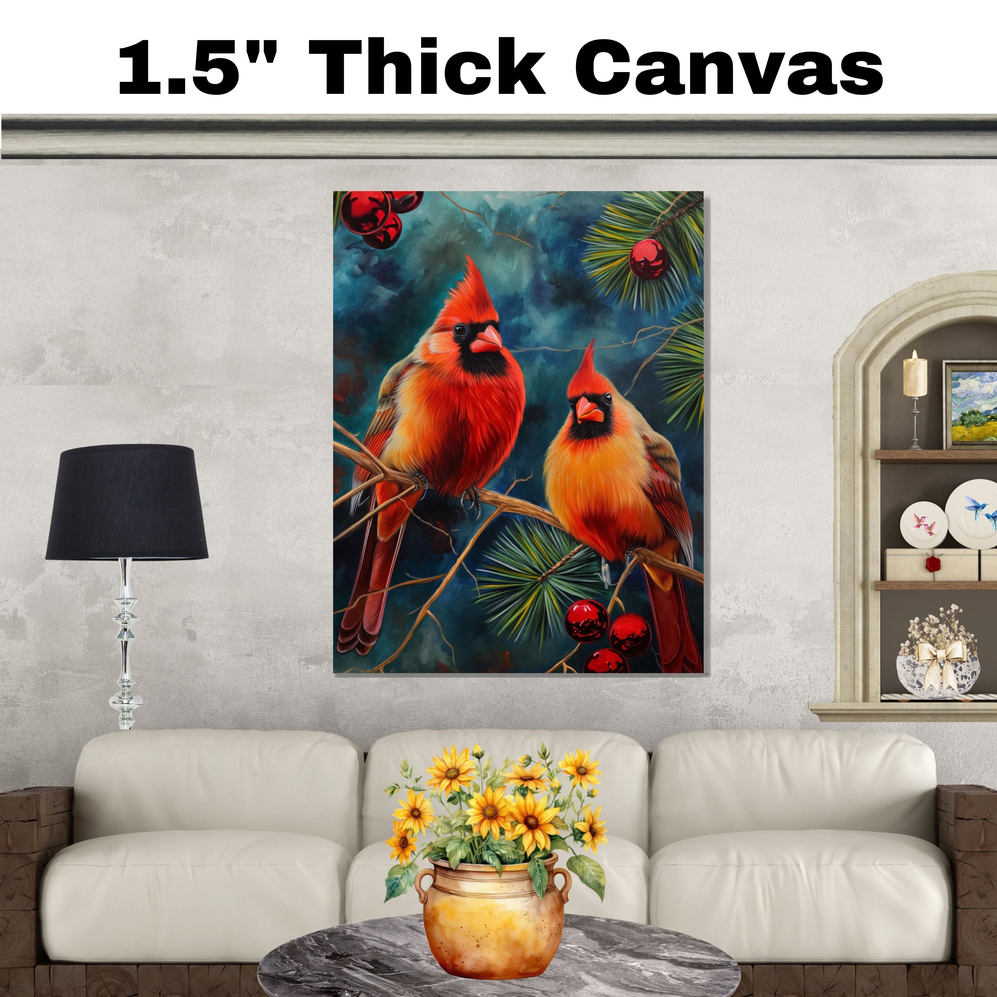 Christmas Cardinals on Pine Branch – Festive Red Birds with Ornaments in a Vibrant Winter Scene Painting Perfect for Seasonal and Nature-Inspired Displays on Ready to Hang 1.5" Thick Canvas Wrap, Floating Framed Canvas, Flat Rolled Canvas
