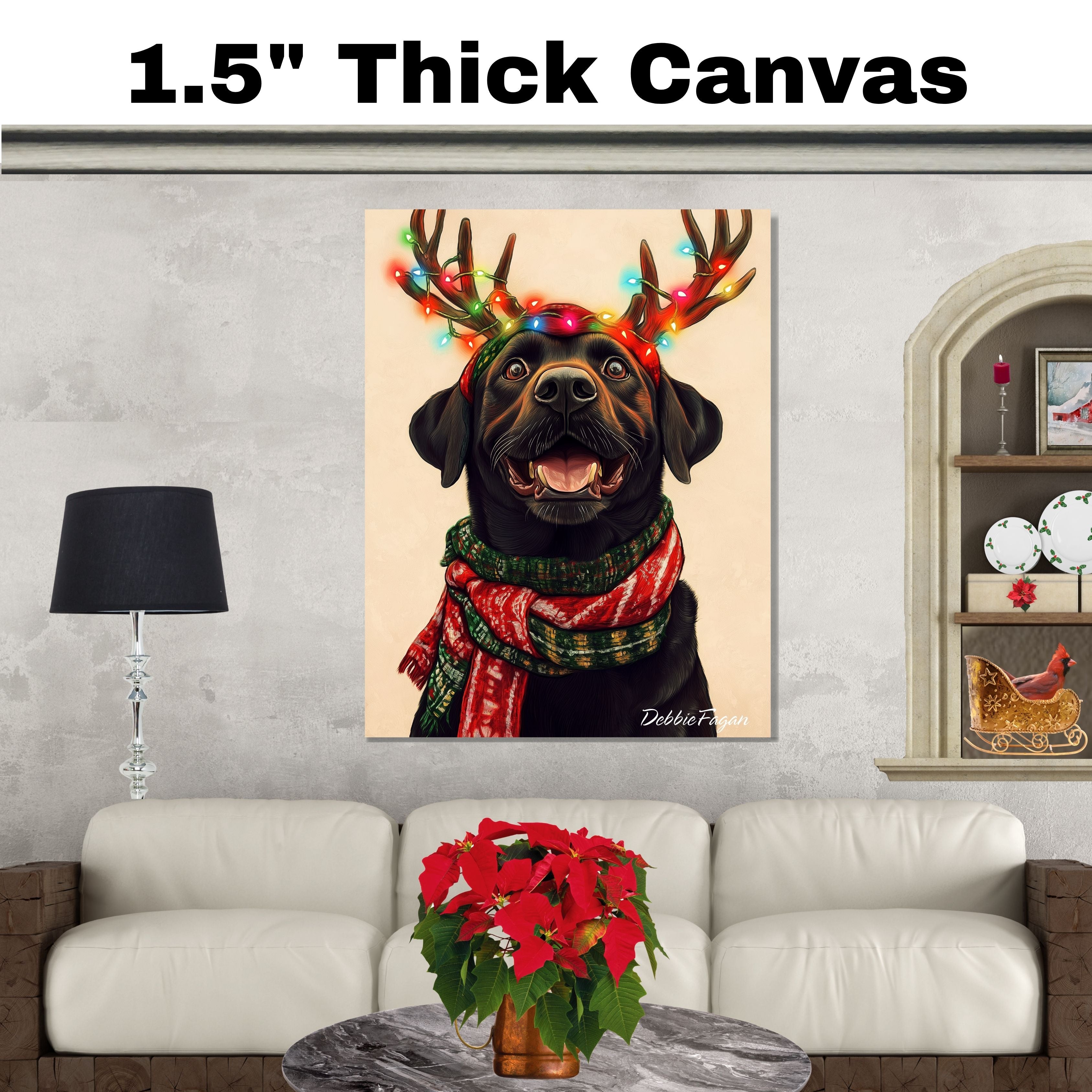 "Classic Cheer" - Black Labrador Dog with Lighted Antlers & Festive Scarf on Plain Beige Canvas, Ready to Hang 1.5" Thick Canvas Wrap, Floating Framed Canvas, Flat Rolled Canvas