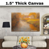Whispers of Autumn – Rustic River Scene in Warm Tones on Ready to Hang 1.5" Thick Canvas Wrap, Floating Framed Canvas, Flat Rolled Canvas