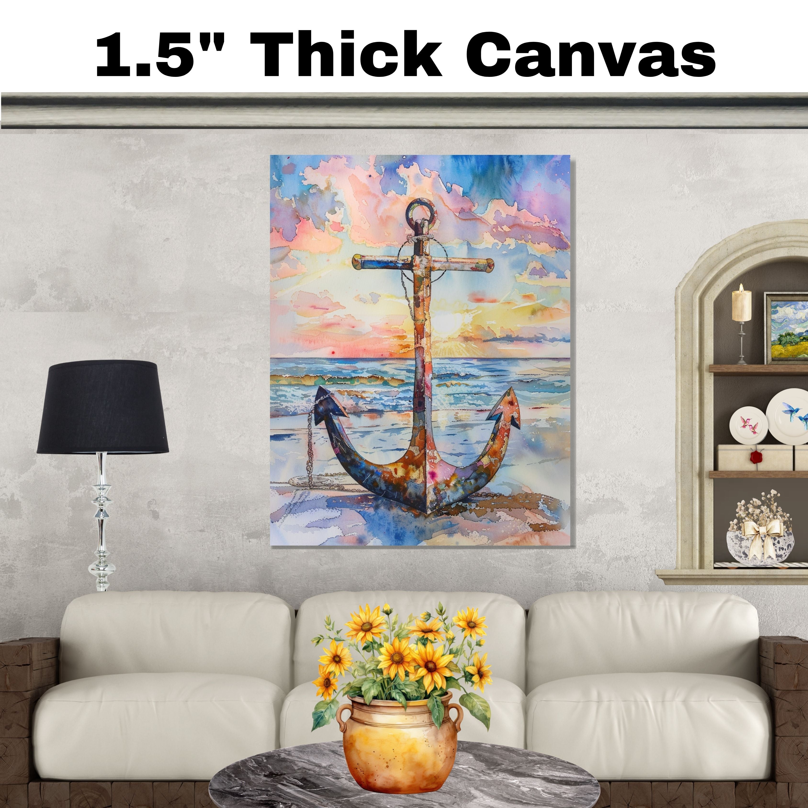 Watercolor Painting of a Multicolored Anchor on the Beach at Sunset with Ocean Waves and Vibrant Sky Background on Ready to Hang 1.5" Thick Canvas Wrap, Floating Framed Canvas, Flat Rolled Canvas