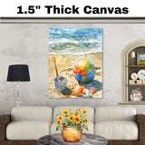 Watercolor Painting of Colorful Beach Ball with Seashells and Ocean Waves on Sandy Seashore Summer Coastal Scene on Ready to Hang 1.5" Thick Canvas Wrap, Floating Framed Canvas, Flat Rolled Canvas