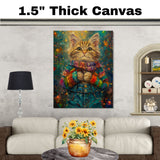 Christmas Kitten in Rainbow Sweater Adorable Holiday Cat Painting Festive Winter Scene Perfect for Cozy Home Office Seasonal Decoration or Christmas Gift on Ready to Hang 1.5" Thick Canvas Wrap, Floating Framed Canvas, Flat Rolled Canvas