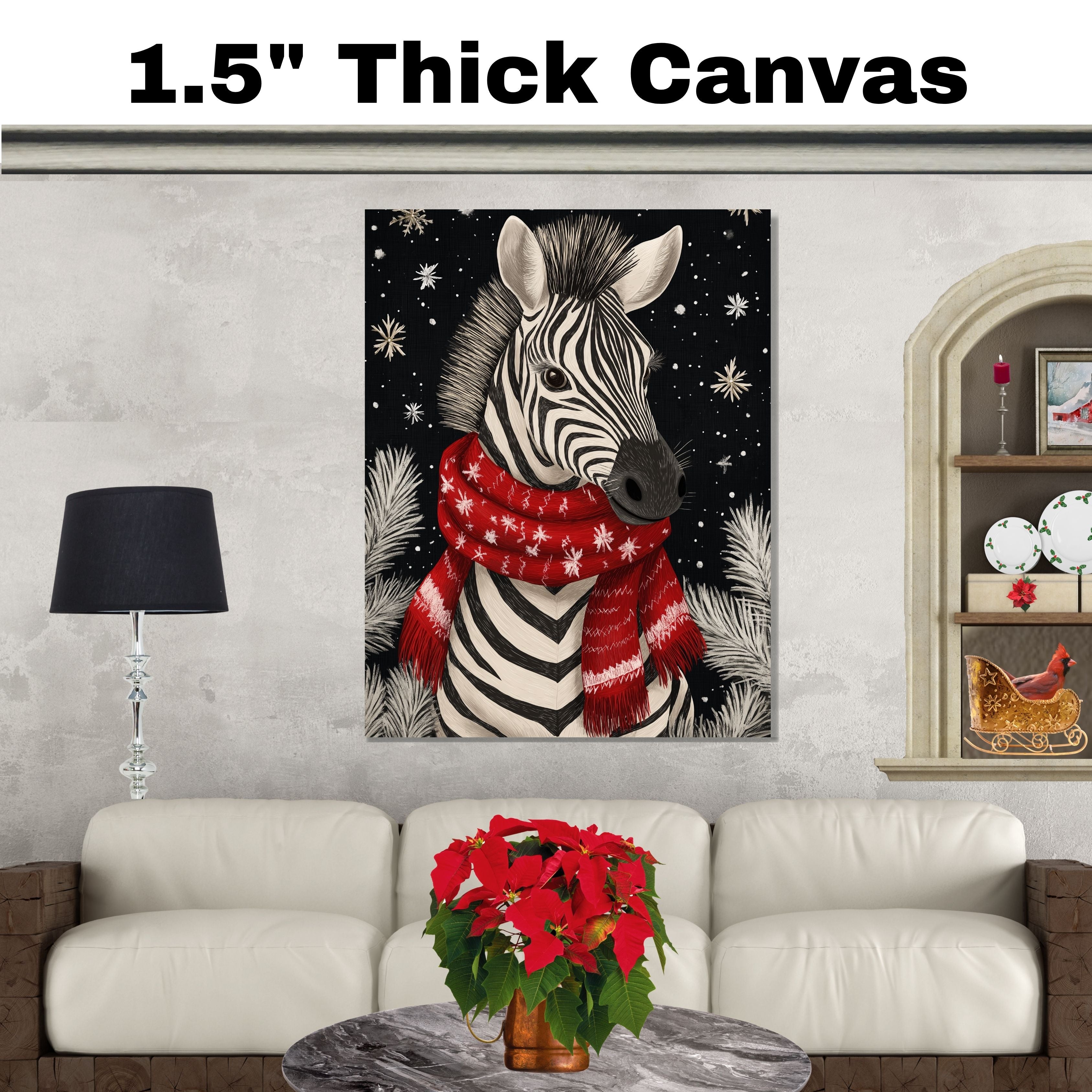 "Snowy Stripes Zebra" - Zebra in Red Scarf Standing in Winter Snow on Ready to Hang 1.5" Thick Canvas Wrap, Floating Framed Canvas, Flat Rolled Canvas