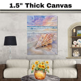 Watercolor Painting of a Multicolored Conch Shell on the Shore with Ocean Waves and Pastel Sunset Sky on Ready to Hang 1.5" Thick Canvas Wrap, Floating Framed Canvas, Flat Rolled Canvas