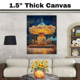 Vintage Carousel at Night Painting Magical Classic Merry Go Round Lights Scene Ideal for Home Office Living Room Holiday Seasonal Decoration or Gift on Ready to Hang 1.5" Thick Canvas Wrap, Floating Framed Canvas, Flat Rolled Canvas