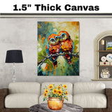 Textured Owl Pair Artwork Featuring Bright Orange Red and Blue Tones with Expressive Eyes on a Branch Against a Bold Green Yellow and Teal Abstract Background on Ready to Hang 1.5" Thick Canvas Wrap, Floating Framed Canvas, Flat Rolled Canvas