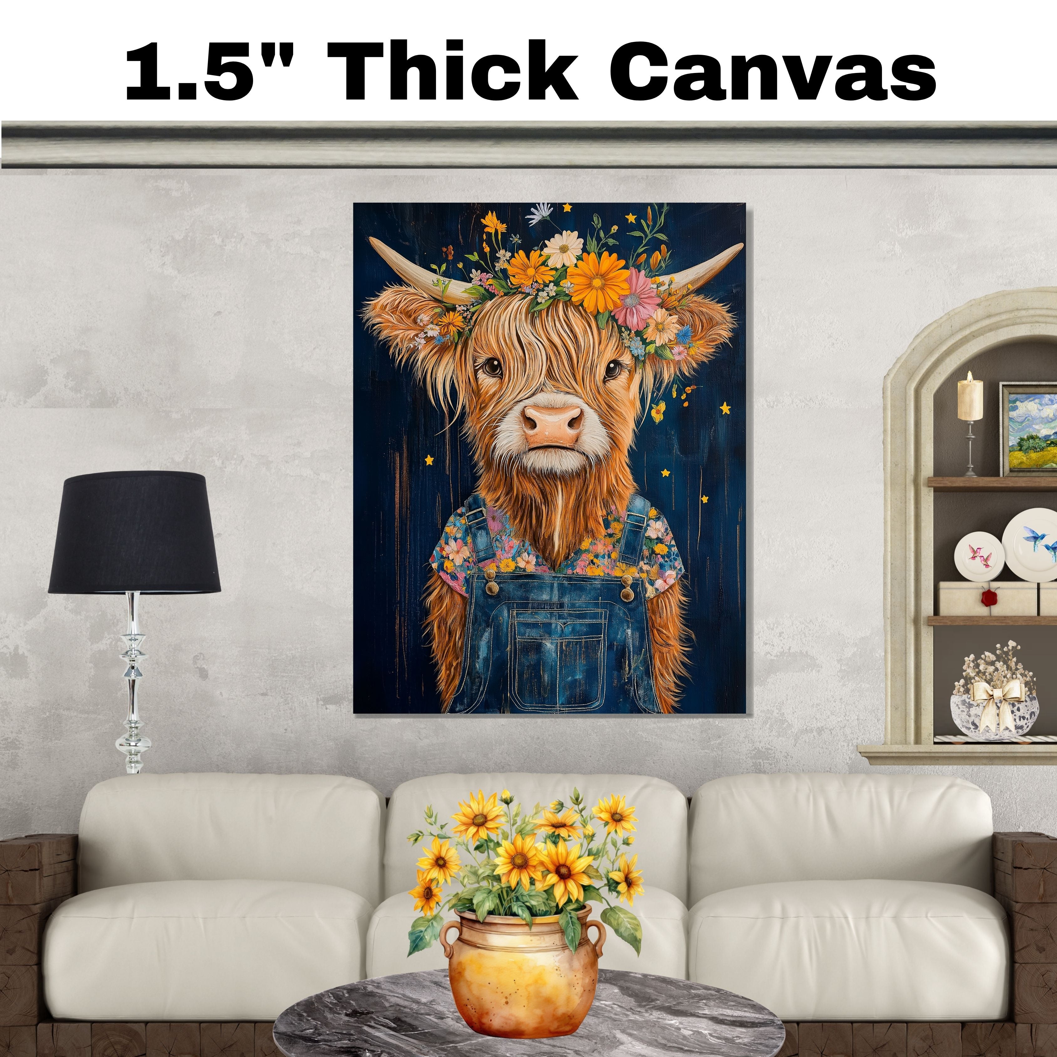 Happy Highland Cow in Overalls with Flower Crown Whimsical Hand Painted Floral Art Rustic Wall Decor for Farmhouse Kids Room Bedroom or Gift for Cow Lovers on Ready to Hang 1.5" Thick Canvas Wrap, Floating Framed Canvas, Flat Rolled Canvas