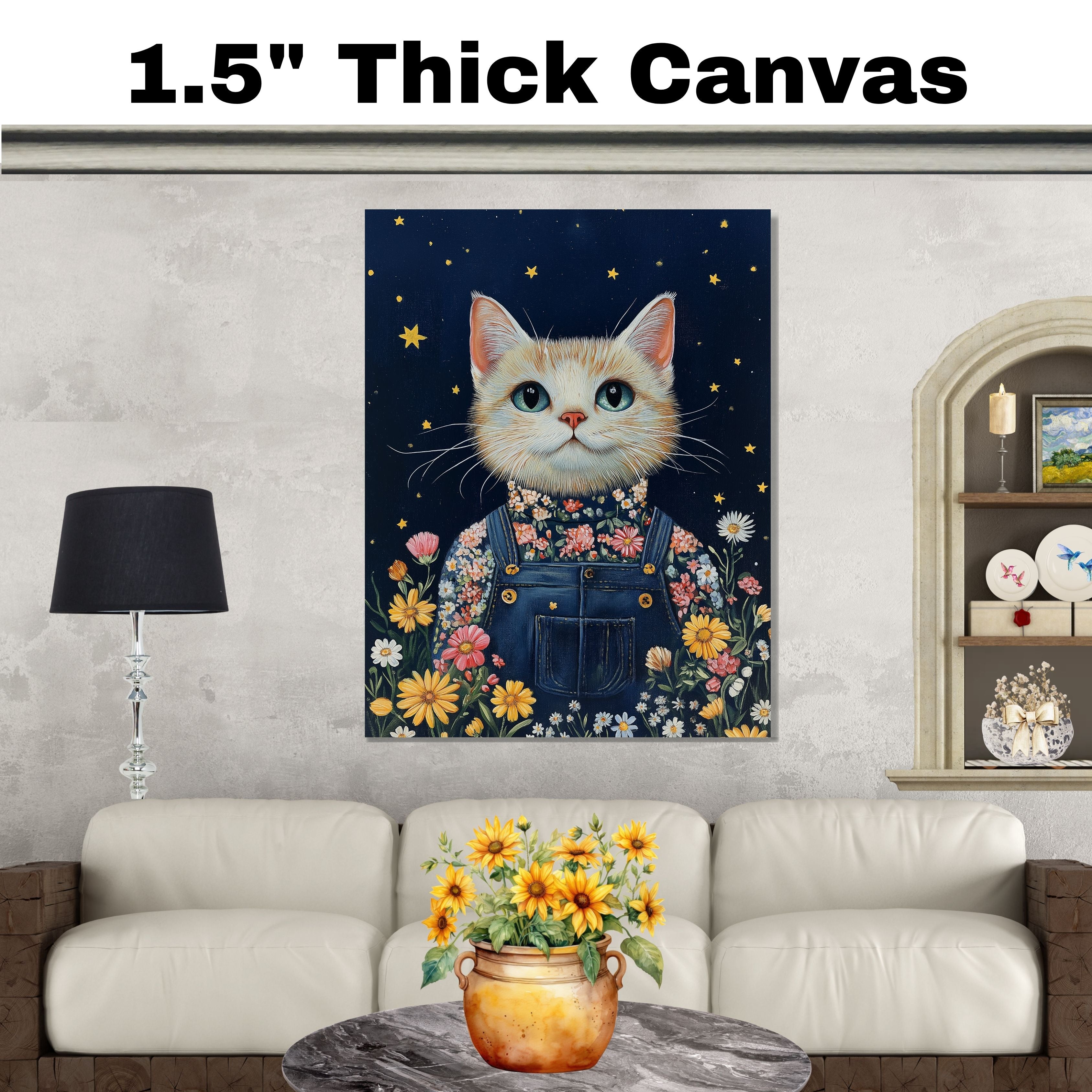 Charming White Cat in Floral Overalls Hand Painted Art Magical Starry Night Scene Perfect for Nursery Kids Room Home Wall Decor Bedroom or Animal Lovers Gift on Ready to Hang 1.5" Thick Canvas Wrap, Floating Framed Canvas, Flat Rolled Canvas