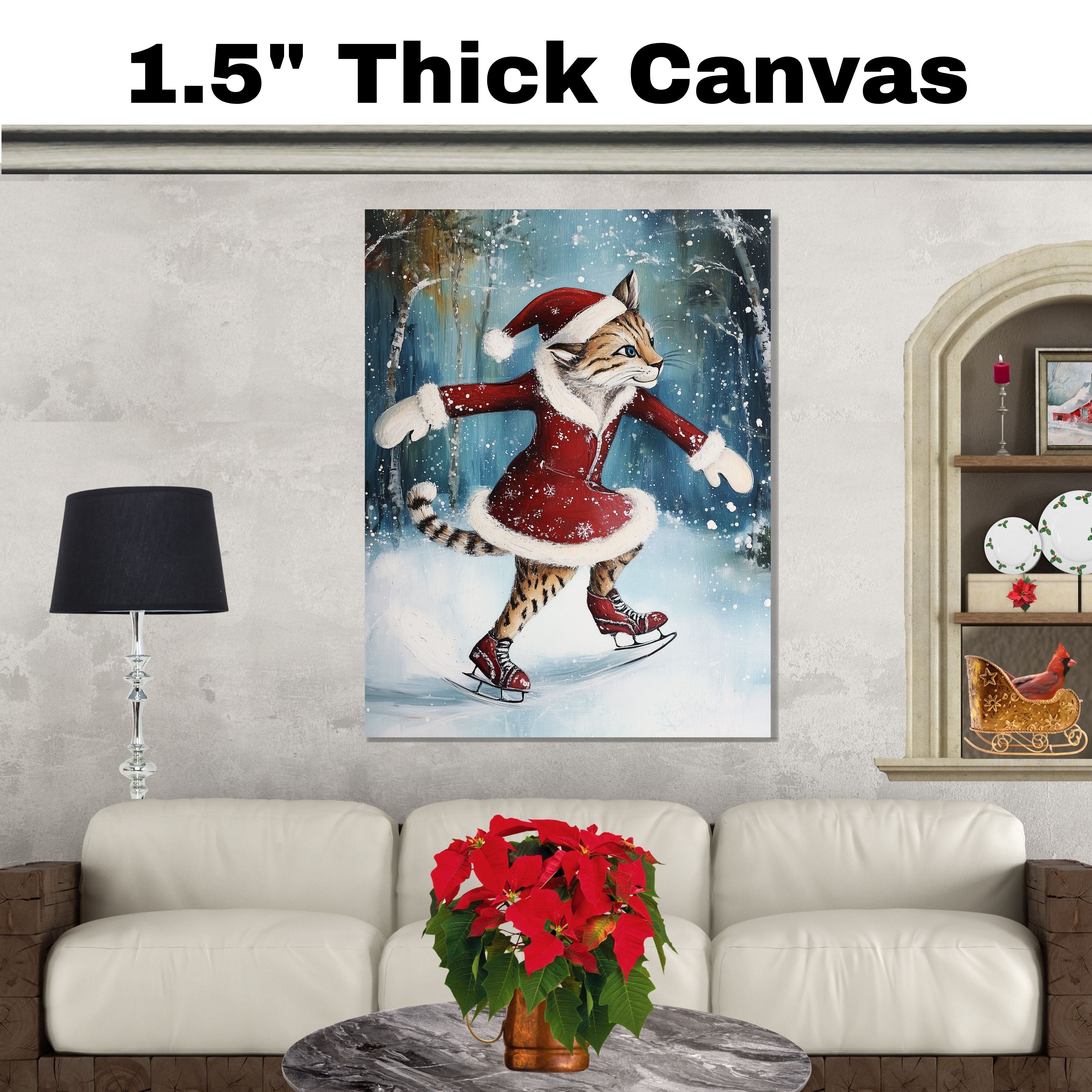 Festive Cougar Ice Skating in Red Santa Dress Whimsical Christmas Wall Art Featuring Wild Cat in Snowy Forest – Holiday Decor for Animal and Winter Art Fans on Ready to Hang 1.5" Thick Canvas Wrap, Floating Framed Canvas, Flat Rolled Canvas