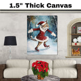 Festive Cougar Ice Skating in Red Santa Dress Whimsical Christmas Wall Art Featuring Wild Cat in Snowy Forest – Holiday Decor for Animal and Winter Art Fans on Ready to Hang 1.5" Thick Canvas Wrap, Floating Framed Canvas, Flat Rolled Canvas