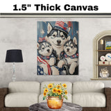 Red, White & Woof: Siberian Husky Mom with Two Puppies in a Patriotic Setting - Proud American-Themed Painting on Ready to Hang 1.5" Thick Canvas Wrap, Floating Framed Canvas, Flat Rolled Canvas