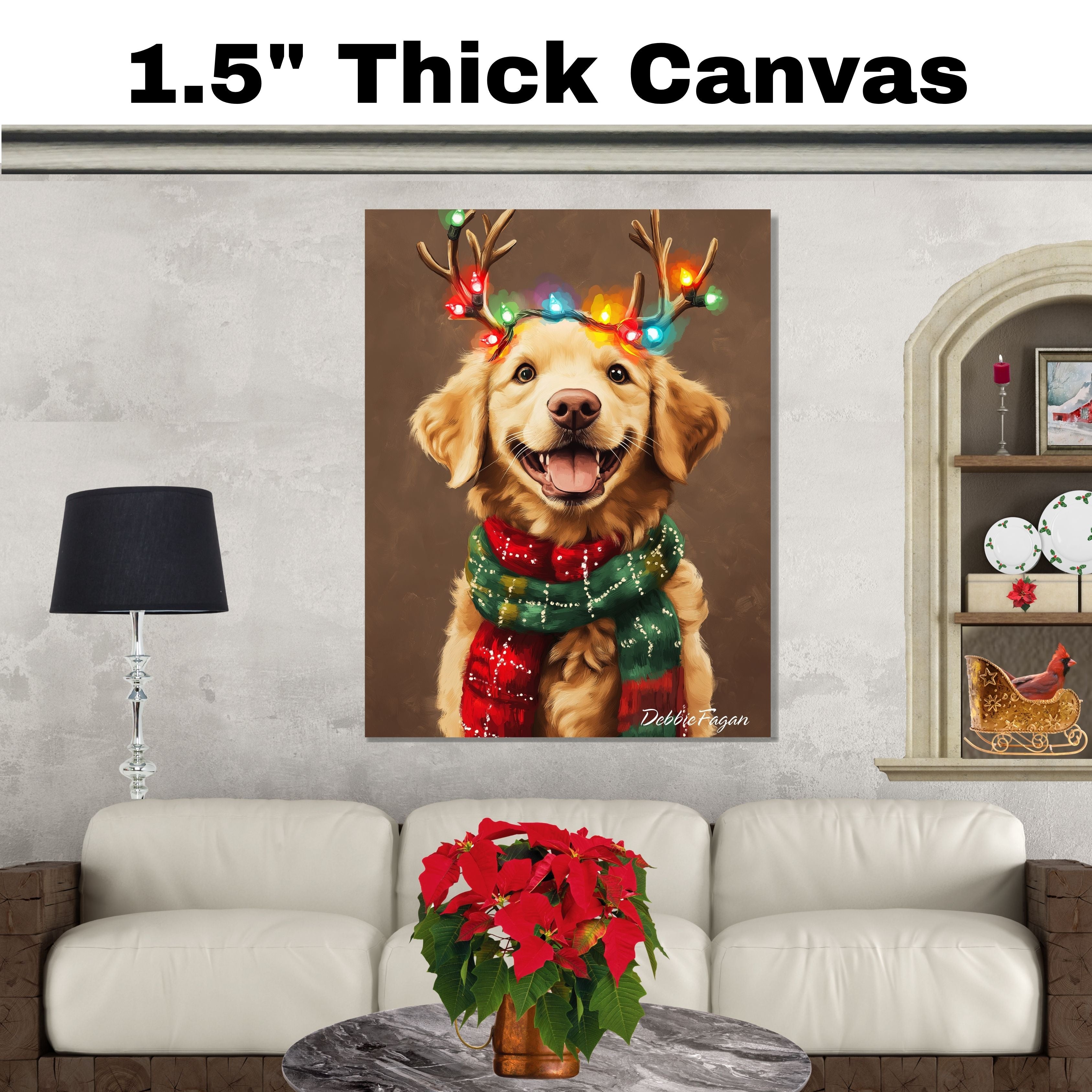 Bernedoodle Holiday Cheer - 'Rustic Antlers' - Bernedoodle Dog with Christmas Lights & Festive Scarf on Rustic Canvas, Ready to Hang 1.5" Thick Canvas Wrap, Floating Framed Canvas, Flat Rolled Canvas