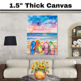 Vibrant Watercolor of Four Colorful Flip-Flops on Sandy Beach with Ocean Waves and Sunset Sky in Summer Coastal Style on Ready to Hang 1.5" Thick Canvas Wrap, Floating Framed Canvas, Flat Rolled Canvas