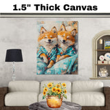 Charming Painting of Two Smiling Foxes or Wolves in Colorful Pajamas with Joyful Expressions Perfect for Nursery Kids Room or Animal Lover Gift on Ready to Hang 1.5" Thick Canvas Wrap, Floating Framed Canvas, Flat Rolled Canvas