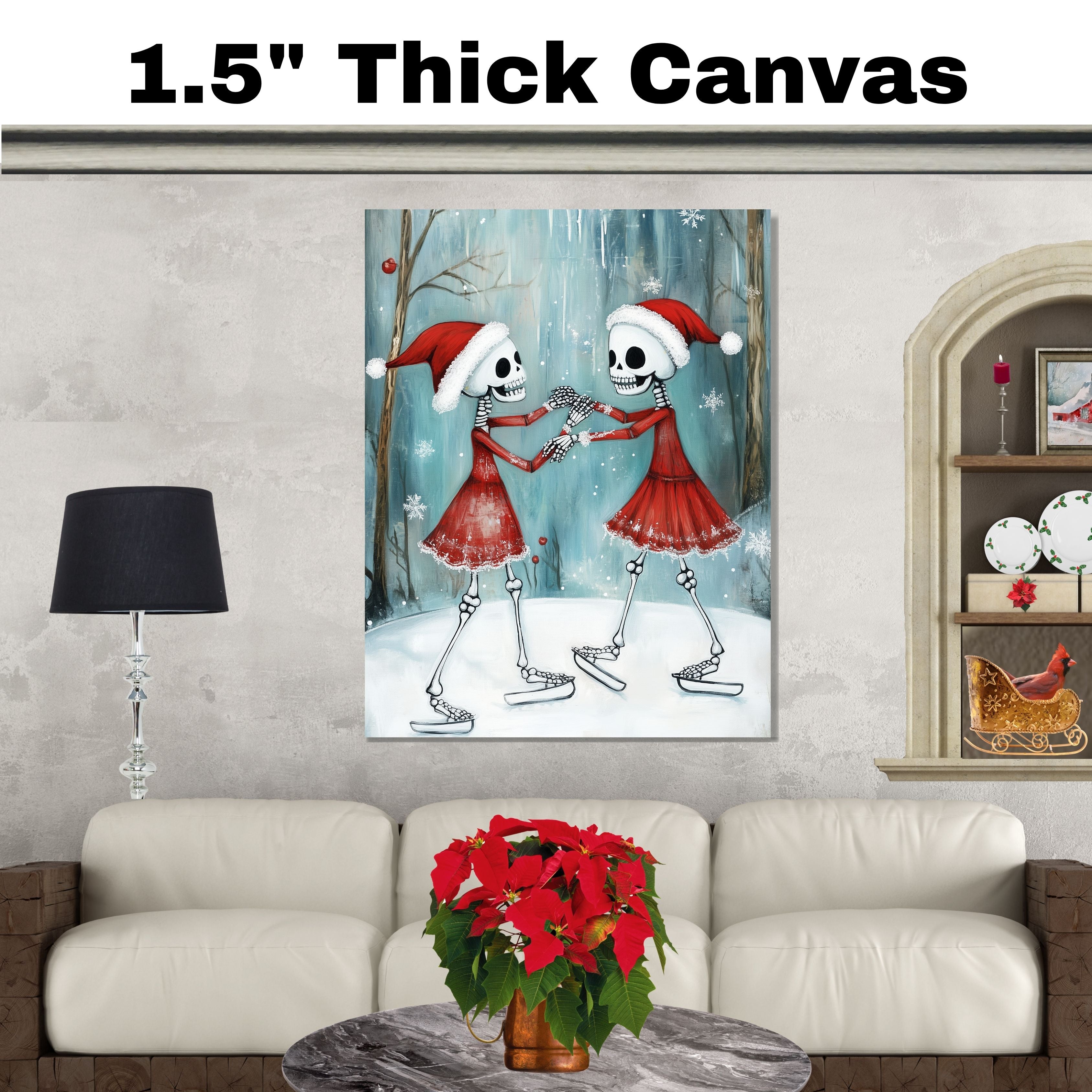 Whimsical Skeleton Ice Skating Christmas Art – Festive Gothic Winter Decor with Dancing Skeletons in Red Dresses and Santa Hats, Spooky Cute Holiday Wall Print on Ready to Hang 1.5" Thick Canvas Wrap, Floating Framed Canvas, Flat Rolled Canvas