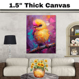 Modern Baby Bird Painting with Vivid Color Contrast Featuring Blue Pink and Yellow Feathers in Oil Style Brushwork for Artistic Home or Office Spaces on Ready to Hang 1.5" Thick Canvas Wrap, Floating Framed Canvas, Flat Rolled Canvas