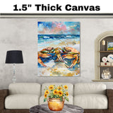 Watercolor Painting of Two Multicolored Crabs on Beach – Coastal Ocean Art Print with Sea and Sunset Background on Ready to Hang 1.5" Thick Canvas Wrap, Floating Framed Canvas, Flat Rolled Canvas