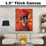 Rose of Elegance: Chihuahua in a Glamorous Red Dress and Red Hat Adorned with a Rose Timeless Romantic Painting on Ready to Hang 1.5" Thick Canvas Wrap, Floating Framed Canvas, Flat Rolled Canvas