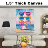 Watercolor Illustration of Three Colorful Sunglasses Stacked with Ocean Reflections and Vibrant Beach Background on Ready to Hang 1.5" Thick Canvas Wrap, Floating Framed Canvas, Flat Rolled Canvas