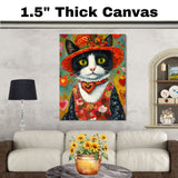 Romantic Whimsy: Tuxedo Cat in a Flowery Heart-Adorned Hat and Dress Enchanting Valentines Painting on Ready to Hang 1.5" Thick Canvas Wrap, Floating Framed Canvas, Flat Rolled Canvas