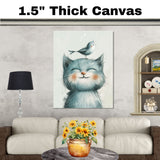 Charming Illustration of Smiling Blue Kitten with Tiny Bird on Head – Whimsical Animal Art Print Perfect for Nursery Decor or Gifts for Cat and Bird Lovers on Ready to Hang 1.5" Thick Canvas Wrap, Floating Framed Canvas, Flat Rolled Canvas