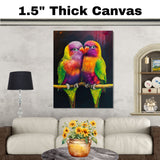 Vivid Lovebird Pair Artwork Featuring Rainbow Feathers in Purple Green Yellow and Orange on a Branch Against a Deep Dark Background with Artistic Flair on Ready to Hang 1.5" Thick Canvas Wrap, Floating Framed Canvas, Flat Rolled Canvas