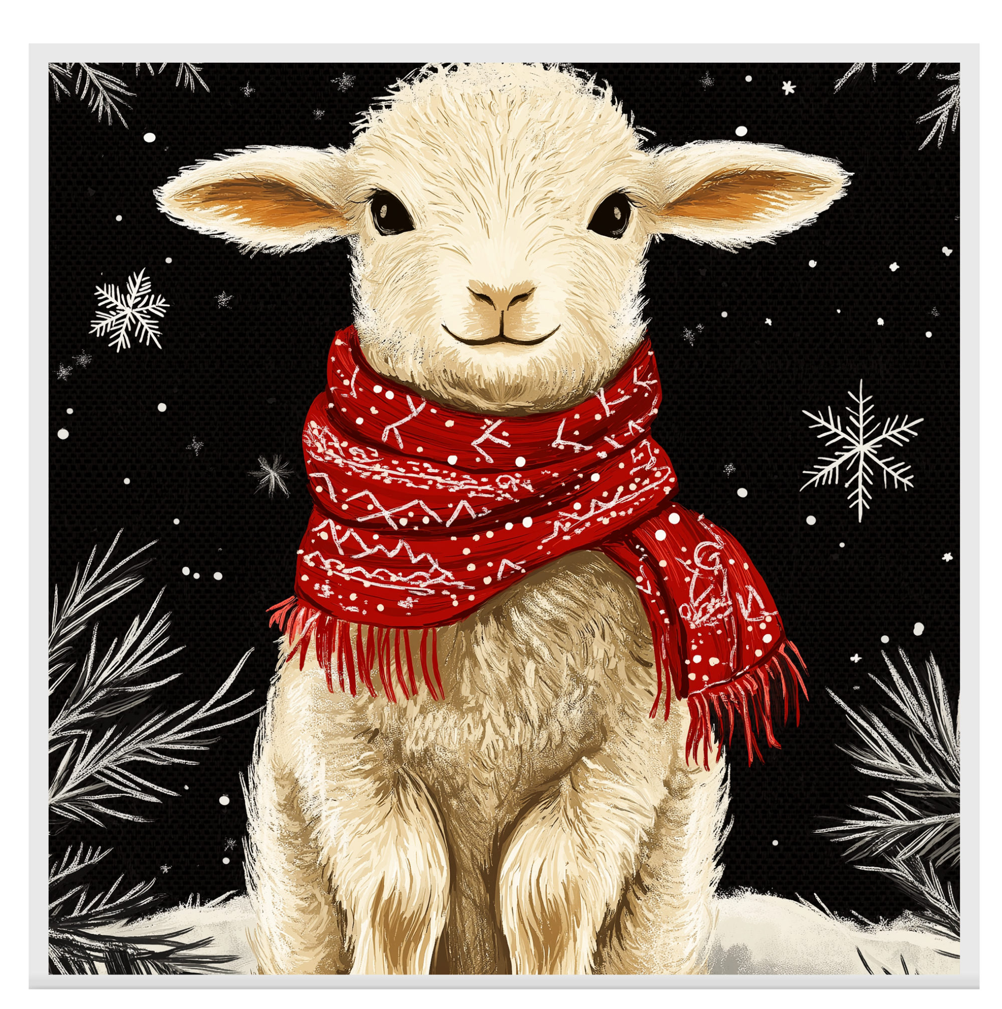 Lamb with Red Scarf Sitting in Winter Snow, Christmas Holiday Painting on 1.5" Thick Canvas Wrap, Floating Framed Canvas, Flat Rolled Canvas, Oversized Stretched Canvas Wall Art