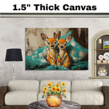 Painting of Two Adorable Deer in Colorful Pajamas Sitting Together on a Bed with Big Eyes Surrounded by Soft Pillows in a Cozy Whimsical and Playful Setting on Ready to Hang 1.5" Thick Canvas Wrap, Floating Framed Canvas, Flat Rolled Canvas
