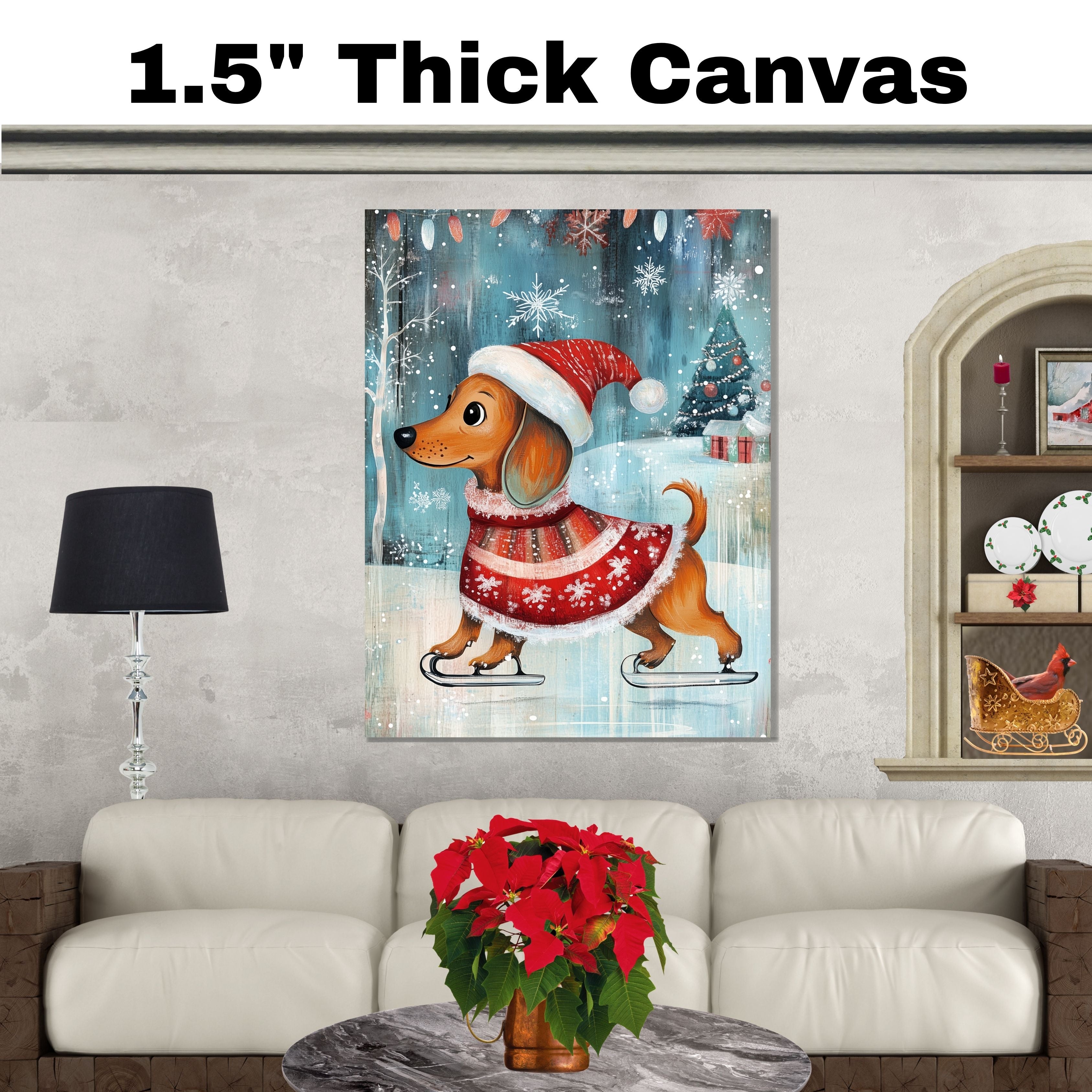 Adorable Christmas Dachshund Dog Ice Skating in Santa Hat and Festive Sweater Whimsical Holiday Art for Winter Pet Lovers and Seasonal Home Décor on Ready to Hang 1.5" Thick Canvas Wrap, Floating Framed Canvas, Flat Rolled Canvas