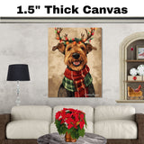 Airedale Festive Lights - 'Holiday Antlers' - Airedale Terrier in Red & Green Scarf with Christmas Light Antlers, Ready to Hang 1.5" Thick Canvas Wrap, Floating Framed Canvas, Flat Rolled Canvas