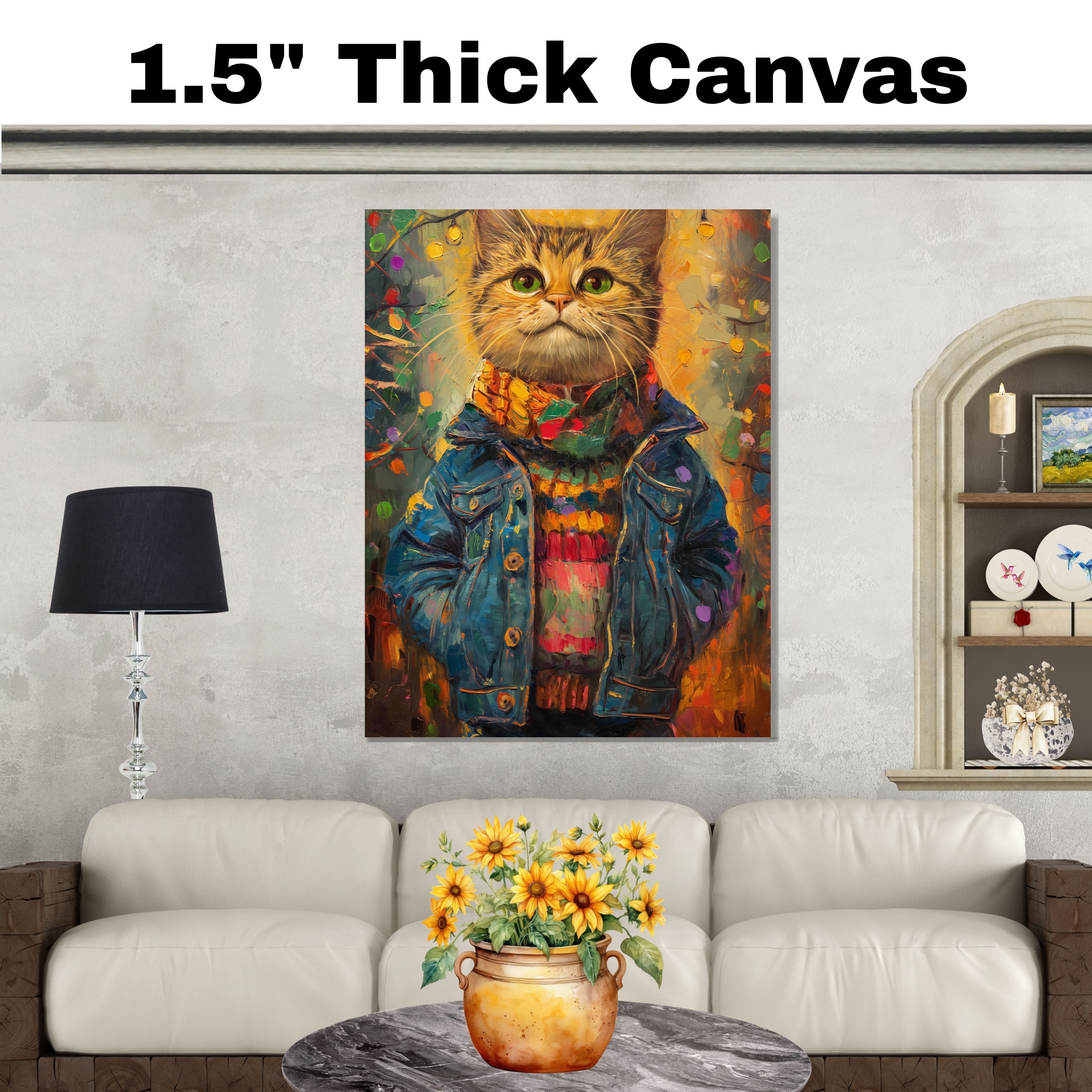 Christmas Kitten in Colorful Jacket and Scarf Adorable Holiday Cat Painting Festive Winter Lights Scene Perfect for Cozy Home Office Seasonal Gift on Ready to Hang 1.5" Thick Canvas Wrap, Floating Framed Canvas, Flat Rolled Canvas