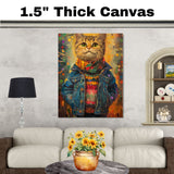 Christmas Kitten in Colorful Jacket and Scarf Adorable Holiday Cat Painting Festive Winter Lights Scene Perfect for Cozy Home Office Seasonal Gift on Ready to Hang 1.5" Thick Canvas Wrap, Floating Framed Canvas, Flat Rolled Canvas