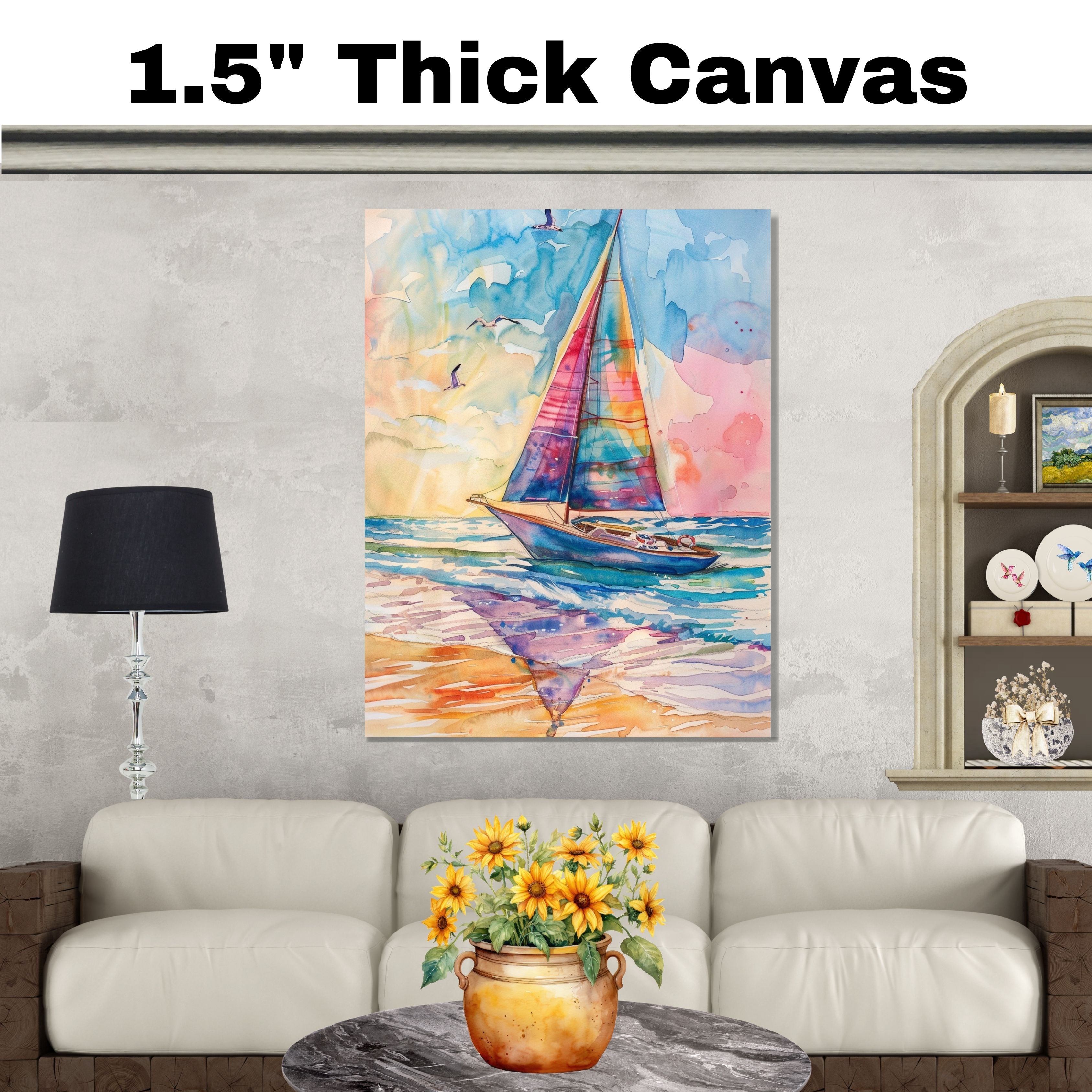 Colorful Sailboat Watercolor Painting with Ocean Waves, Sunset Sky, and Flying Seagulls on Ready to Hang 1.5" Thick Canvas Wrap, Floating Framed Canvas, Flat Rolled Canvas