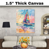 Colorful Sailboat Watercolor Painting with Ocean Waves, Sunset Sky, and Flying Seagulls on Ready to Hang 1.5" Thick Canvas Wrap, Floating Framed Canvas, Flat Rolled Canvas