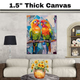 Colorful Abstract Parakeet Pair in Modern Palette Knife Painting Style with Bold Brushstrokes and Vibrant Tropical Bird Expressions on Perch on Ready to Hang 1.5" Thick Canvas Wrap, Floating Framed Canvas, Flat Rolled Canvas