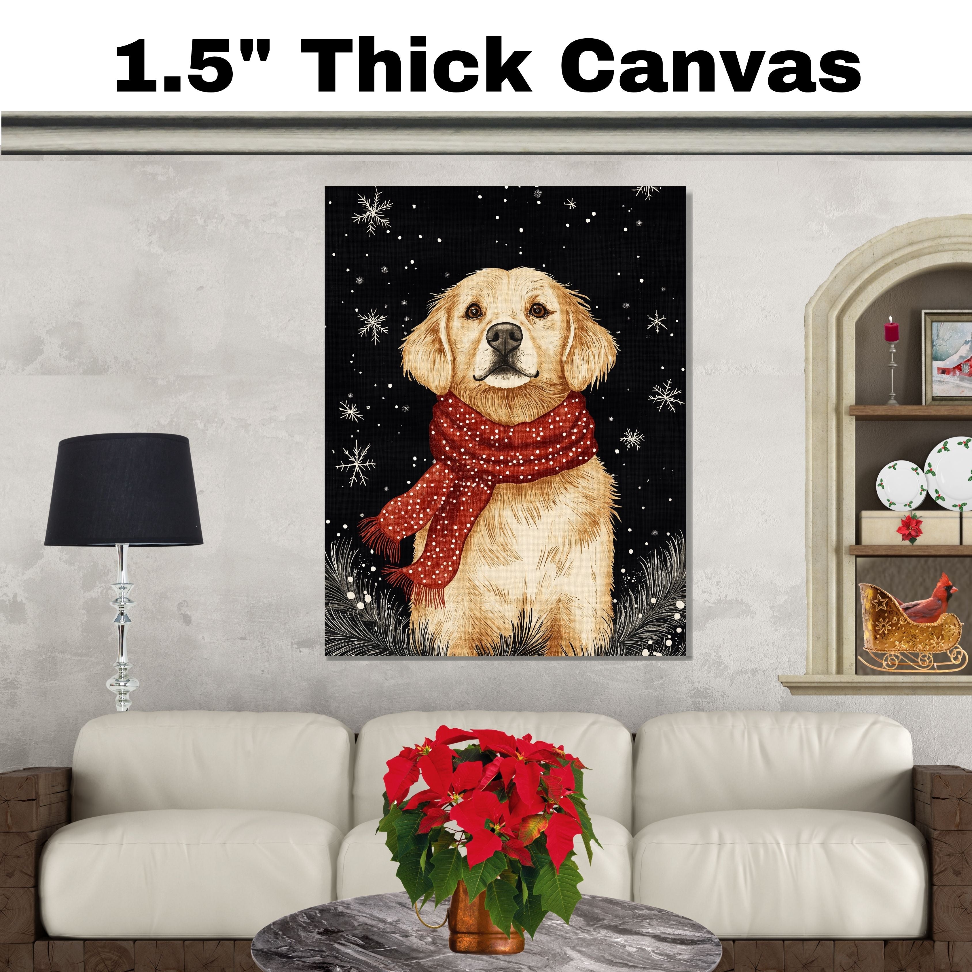 "Golden Winter Joy" - Golden Retriever in Red Scarf Sitting in Snow on Ready to Hang 1.5" Thick Canvas Wrap, Floating Framed Canvas, Flat Rolled Canvas