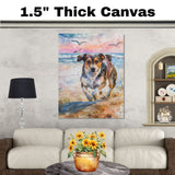 Watercolor Painting of a Happy Dog Running on the Beach with Splashing Waves and Sunset Sky in a Playful Coastal Scene on Ready to Hang 1.5" Thick Canvas Wrap, Floating Framed Canvas, Flat Rolled Canvas