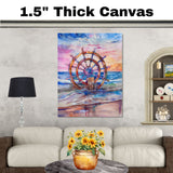 Watercolor Painting of Nautical Ship Wheel on Ocean Shore with Colorful Sunset and Waves in Vibrant Blue Pink and Amber Tones on Ready to Hang 1.5" Thick Canvas Wrap, Floating Framed Canvas, Flat Rolled Canvas