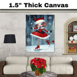 Whimsical Christmas Devil Girl Ice Skating in Red Santa Dress with Horns and Candy Cane Stripes Winter Fantasy Art Print or Canvas for Holiday Wall Decor on Ready to Hang 1.5" Thick Canvas Wrap, Floating Framed Canvas, Flat Rolled Canvas