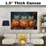 Halloween Wall Art Featuring Three Frogs with Carved Pumpkins Fun Retro-Style Frog Painting for Spooky Fall Home Décor and Unique Seasonal Animal Lovers on Ready to Hang 1.5" Thick Canvas Wrap, Floating Framed Canvas, Flat Rolled Canvas