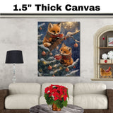 Two Baby Foxes in Scarves Drinking Cocoa on Tree Branch Surrounded by Ornaments and Snowflakes in Winter Night Scene Holiday Art Print for Seasonal Decor on Ready to Hang 1.5" Thick Canvas Wrap, Floating Framed Canvas, Flat Rolled Canvas